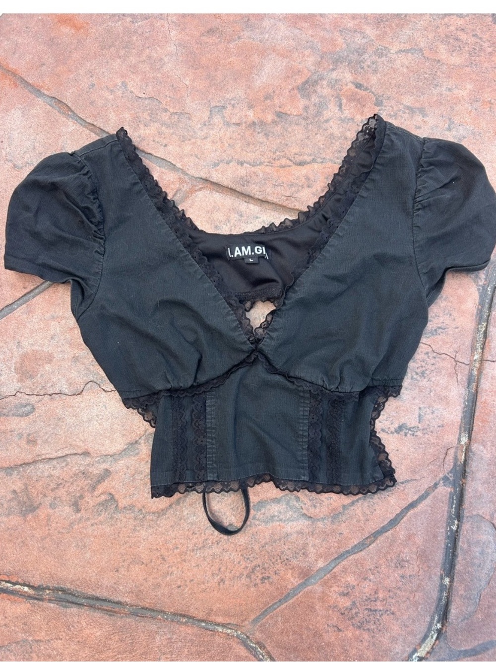 I.AM.GIA Black Lace-Trim Puff Sleeve Corset Crop Top